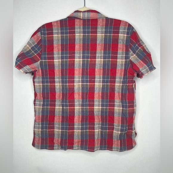 Jones New York Linen Cotton Shirt Womens M Plaid Button-Up Short Sleeve Red Blue - Picture 2 of 6